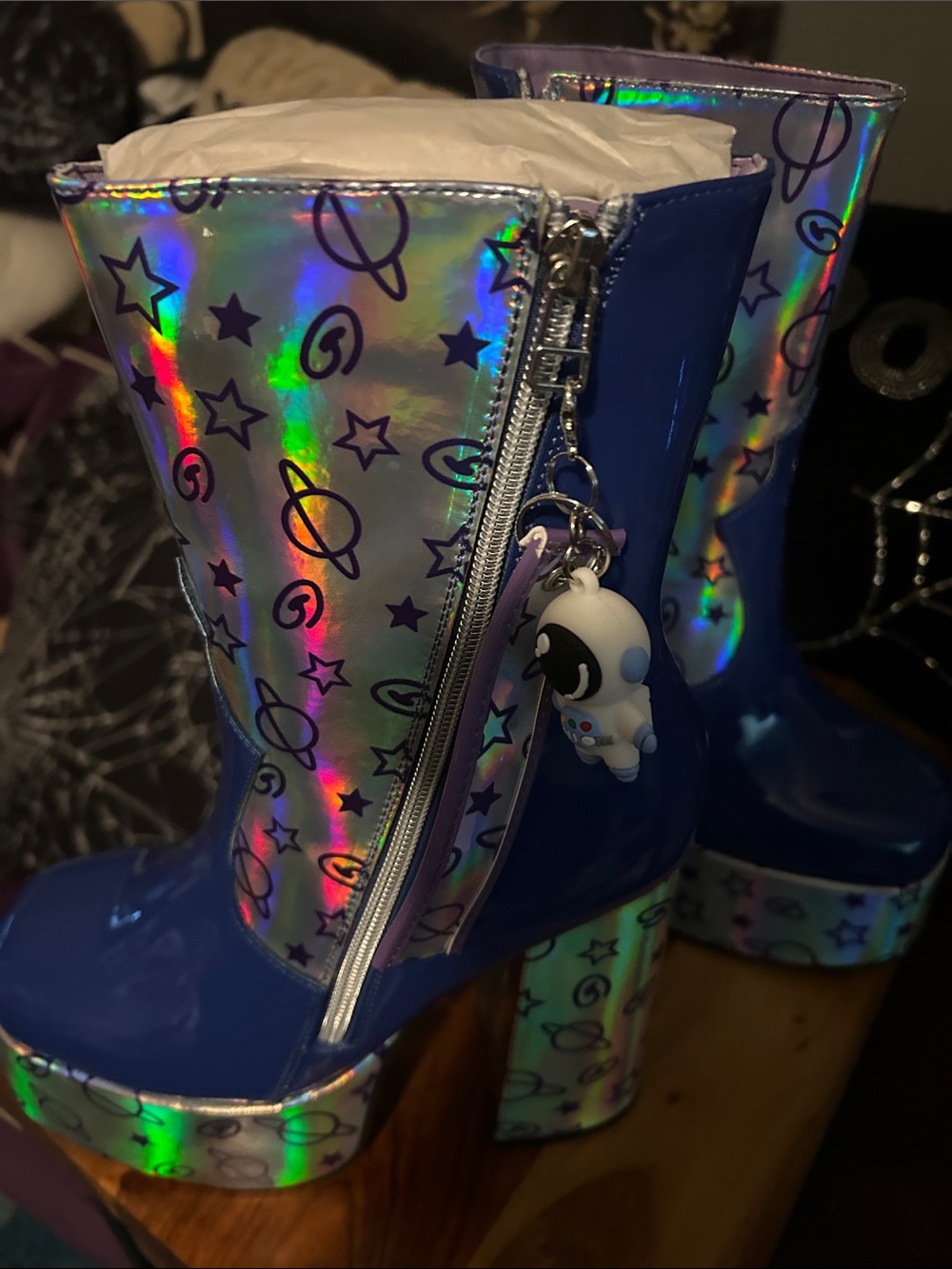 koi Holographic Planet Print Blue Platform Boots with Astronaut Charm